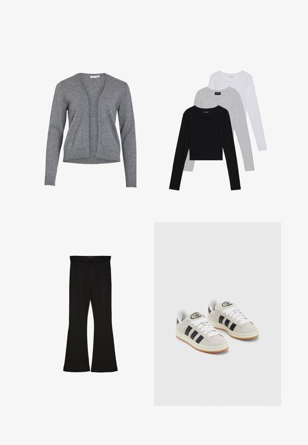 Grå cardigan lavet af blødt strikstof med v-hals, åben front og ribbede manchetter og kant for en afslappet pasform.; Tre langærmede toppe stablet: sort, grå og hvid. Hver har en rund halsudskæring og et cropped design med glat, let stof.; Sorte flared leggings lavet af strækbart stof. Har en bred talje og en glat tekstur, med en tætsiddende silhuet der bredder sig ved sømmen.; Grå ruskinds sneakers med hvide snørebånd, sorte striber og en hvid gummisål. Har et rundt logo på tungen og en gummisål.