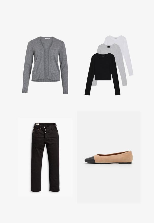 Szary kardigan wykonany z miękkiej dzianiny, z dekoltem w serek, otwartym przodem oraz prążkowanymi mankietami i dołem, zapewniający luźny krój.; Trzy bluzki z długim rękawem ułożone jedna na drugiej: czarna, szara i biała. Każda z okrągłym dekoltem i skróconym fasonem, wykonana z gładkiego, lekkiego materiału.; Czarne dżinsy o prostych nogawkach z zapięciem na guziki, kieszeniami z przodu i z tyłu oraz miedzianymi nitami na białym tle.; Beżowe zamszowe baleriny z czarnym skórzanym okrągłym noskiem, niskim obcasem i gładką teksturą, charakteryzujące się minimalnym przeszyciem i prostym designem.