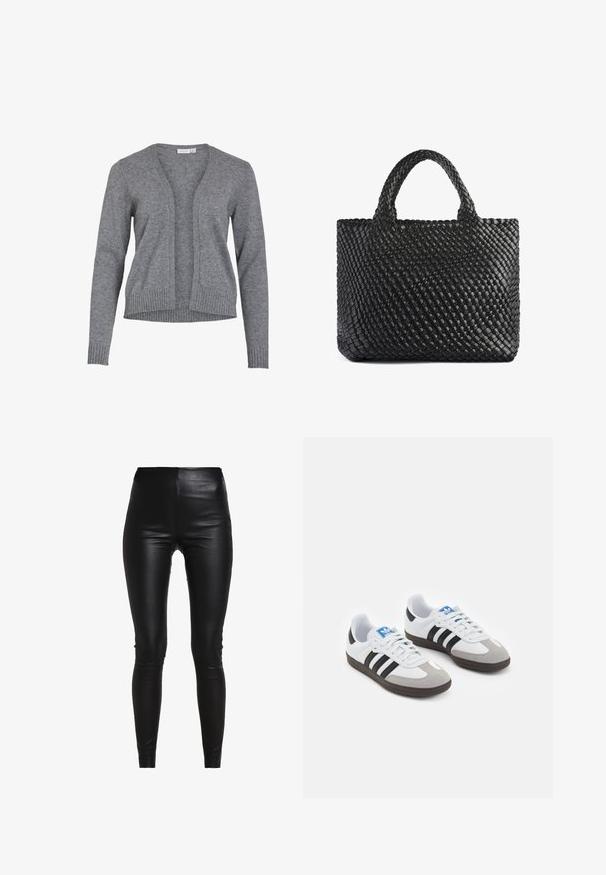 Grauer Cardigan aus weichem Strickstoff, mit V-Ausschnitt, offener Vorderseite und gerippten Bündchen und Saum für eine entspannte Passform.; Graues Langarmhemd aus leichtem Baumwollmix mit Rundhalsausschnitt und schlichter Textur ohne Muster oder Akzente.; Schwarze Leggings aus Kunstleder mit hohem Bund, enganliegendem Design, glatter Textur und ohne sichtbare Nähte oder Verzierungen.; Sportschuhe mit einem Obermaterial aus weißem Leder, grauer Wildleder-Zehenkappe und drei schwarzen Streifen. Sie verfügen über ein blaues Logo auf der Zunge und eine strukturierte Gummisohle.; Schwarze geflochtene Tragetasche mit zwei Griffen, ausgestattet mit einer strukturierten Oberfläche und rechteckiger Form. Einfaches, einzigartiges Design ohne sichtbare Hardware.