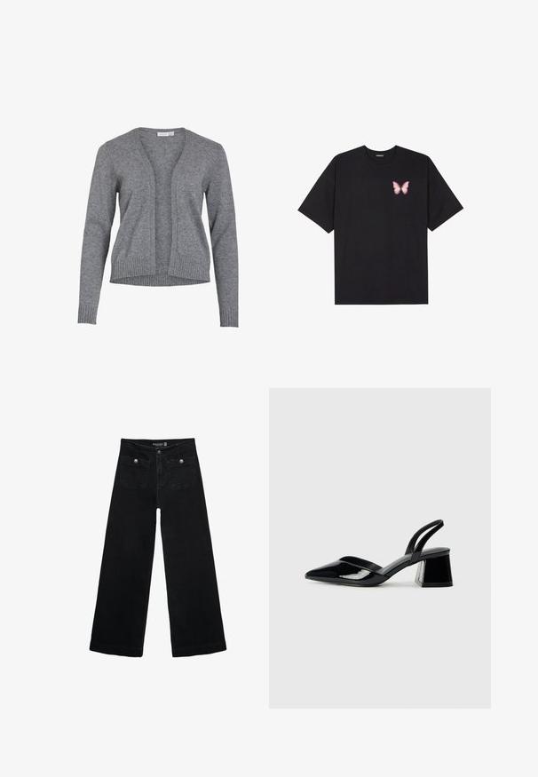 Grå cardigan i mjukt stickat tyg, med v-ringad hals, öppen framsida och ribbade ärmslut och nederkant för en avslappnad passform.; Svart bomullströja med korta ärmar, med en liten rosa fjärilsgrafik på vänster bröst. Rundad halsdesign med en avslappnad passform.; Svart vida jeans med hög midja, med två framfickor och metalldetaljer i form av knappar. Tyget har en mjuk textur.; Svarta lackläder slingback klackar med spetsig tå och geometrisk klack. Har en elegant, minimalistisk design och slät yta.