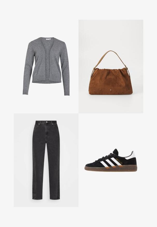 Grå cardigan lavet af blødt strikstof med v-hals, åben front og ribbede manchetter og kant for en afslappet pasform.; Brun langærmet t-shirt med leopardprint, rund halsudskæring og let stræk. Lille logopatch på forsiden.; Sorte denim jeans med lige ben, høj talje, foran knap og lynlås, samt fem-lomme stil på en hvid baggrund.; Sort Adidas sneakers med hvide striber, guld "Spezial" tekst, gummisål og hvid hælflap, vist i profil.; Brun ruskind handbag med en samlet design, der har en enkelt tan læderstrop og en subtil guld logo detalje på fronten.