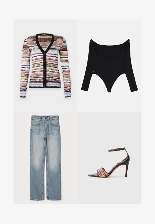 Multicolored cardigan with a black V-neck and buttons, featuring a textured striped pattern in shades of orange, blue, yellow, and black.; Black long-sleeve bodysuit featuring an off-the-shoulder neckline, smooth texture, and a high-cut leg design with side ruching details.; Light blue denim jeans with a straight fit, featuring a high waist, five-pocket design, and subtle fading on the thighs and knees.; Black heeled sandal with an ankle strap. Features a textured, multicolored fabric band across the toe. Smooth leather finish.