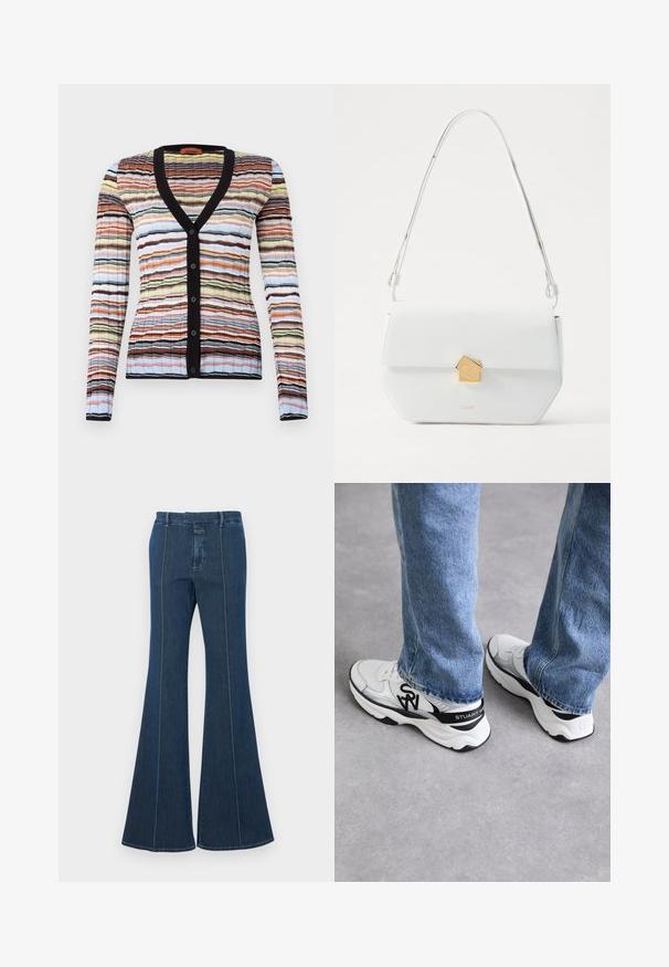 Dažādu krāsu džemperis ar melnu V-veida kaklu un pogām, ar strukturētu svītru rakstu oranžās, zilās, dzeltenās un melnās krāsās.; Krēmkrāsas īsais T-kreklis, izgatavots no ribota auduma, ar apaļu kakla izgriezumu un īsām piedurknēm, piedāvā brīvu piegriezumu.; Tumši zila džinsu flared bikses ar strukturētām šuvēm un gludu apdari. Iespējas ar vidējo jostasvietu un plašām, plūstošām kājām.; Balti un pelēki sporta apavi ar strukturētu sietu augšu, melnā krāsā akcenti un izteikts logotips sānos un papēžos, apvienoti ar ziliem džinsiem.; Balta ādas plecu soma ar ģeometrisku zelta sprādzi, plakana dizaina un gara siksna. Iezīmē tīras līnijas un pulētu tekstūru.