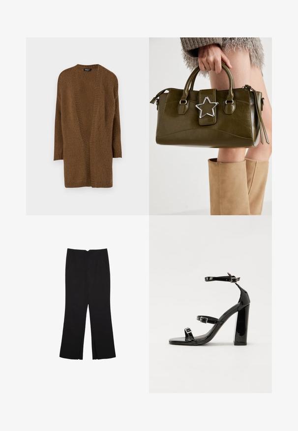 Rjav pleten kardigan z odprtim sprednjim delom, dolgimi rokavi in teksturiranim vzorcem. Mehka tkanina in sproščen kroj. Brez zapiranj ali okrasitev.; Nabor dveh dolgih rokavov v beli in črni barvi. Žameten vzorec, okrogla ovratnica, prilegajoča zasnova z rahlo razširjenimi rokavi.; Črne hlače ravnega kroja z naglavnimi žepi in stranskimi razporki na robu. Narejene iz mehke, gladke tkanine. Primerne za različne priložnosti.; Črne lakirane sandale s peto, kvadratnim prstom, trakovi okrog gležnja in srebrnimi zaponkami. Opremljene so s stabilno Debelo peto.; Olivnozeleno usnjeno ročno torbico z srebrno zvezdo, dvema ročajema in zadrgo. Teksturna površina in strukturirana oblika.