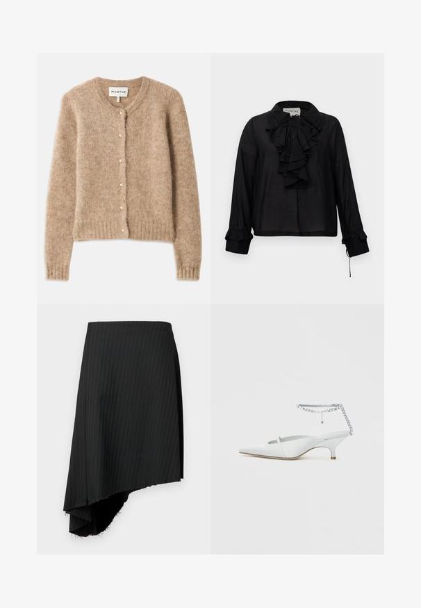 Cardigan bej realizat dintr-o țesătură moale și texturată, cu guler rotund, închidere cu nasturi ce prezintă mici accente din perlă și un tiv cu model în relief.; Bluză neagră cu mâneci lungi, cu față fronsată, gât legat și tivuri fronsate, expusă pe un fundal alb.; Fustă neagră cu dungi subțiri, având un tiv asimetric, cu margini brut. Fabricată dintr-un material ușor, cu o textură netedă.; Sabot cu toc mic ascuțit, alb, cu detaliu de curea cu strasuri la gleznă, pe un fundal simplu.