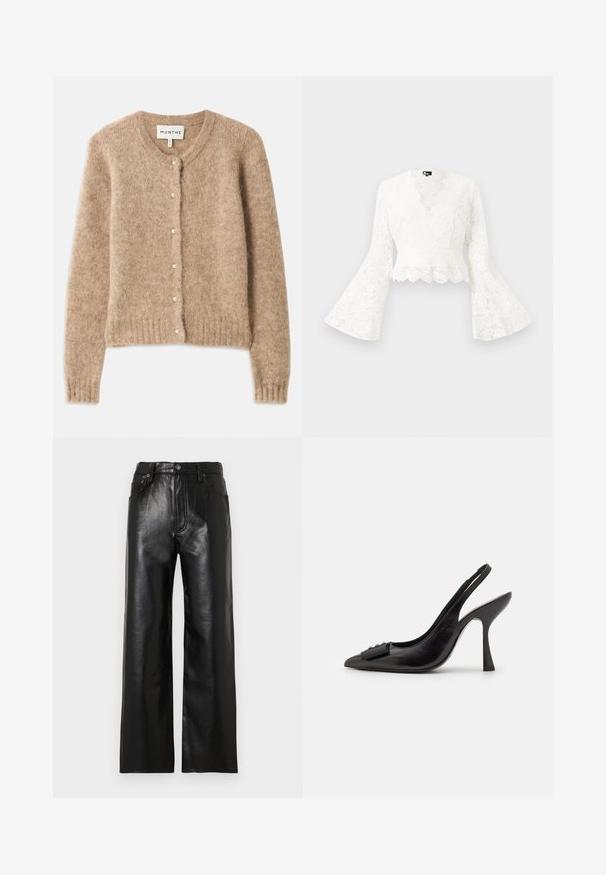 Beige cardigan made of soft, textured fabric with a round neckline, button closure featuring small pearl accents, and ribbed hem.; White lace cropped jacket with bell sleeves, featuring a scalloped hem and a deep V-neck design. Soft texture with intricate floral patterns.; Black leather wide-leg pants with a glossy finish, featuring front pockets, a zip fly, and a button closure. Smooth texture throughout.; Black leather slingback shoe with a pointed toe, slim high heel, and a decorative bow accent. Smooth texture and sleek design.