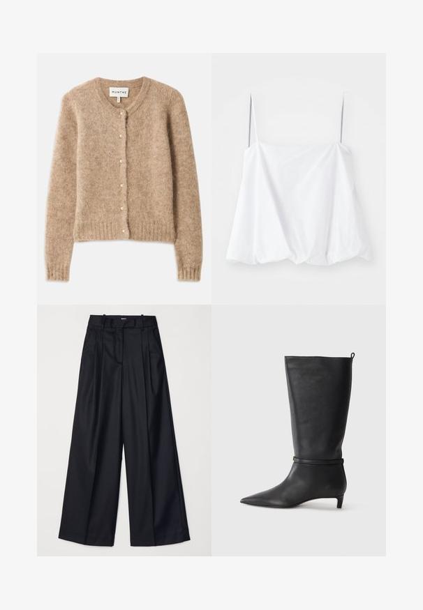 Smėlinis kardiganas, pagamintas iš minkštos, tekstūruotos medžiagos, su apvaliu iškirpimu, knopkių užsegimu, papuoštu mažomis perlų detalėmis, ir banguotu apvadu.; Balta be rankovių palaidinė su plonais dirželiais, pagaminta iš lengvos medžiagos. Su laisvu siluetu ir susiraukšlėjusia tekstūra apačioje.; Juodos plačios kojų kelnės, pagamintos iš lygaus audinio, su aukštu liemeniu, klostėmis ir pritaikytu dizainu. Paprasta juoda detalių sistema liemens srityje.; Juodas odinis iki kelių botas su smailiu batu, akcentuotas apvaliu diržu aplink kulkšnį ir žemu, siaurėjančiu kulnu. Lygi tekstūra.