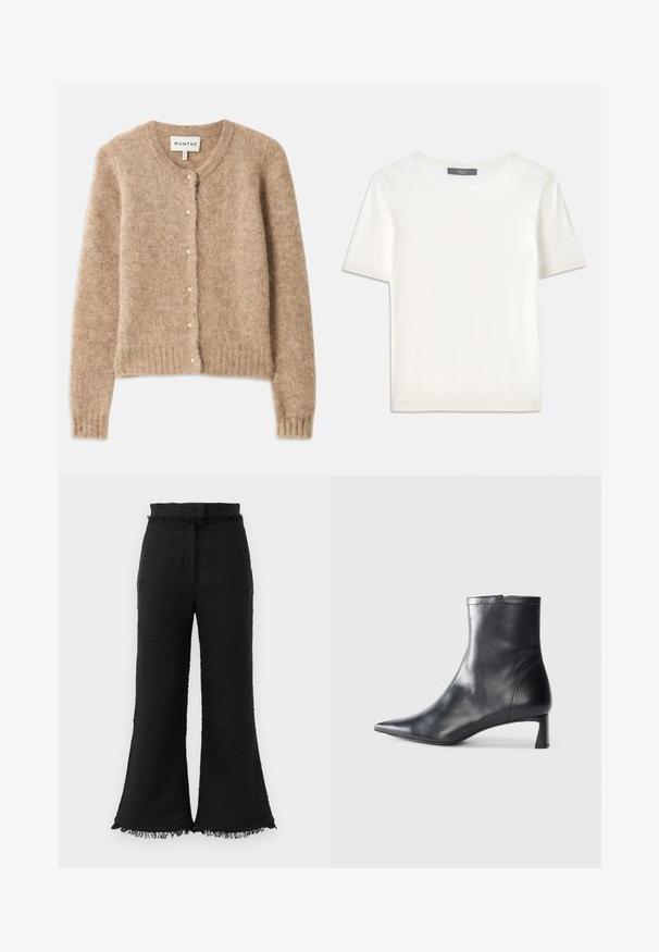 Krémszínű kardigán, puha, textúrált anyagból, kerek nyakkivágással, gombos záródással, kisebb gyöngy díszítéssel és bordázott szegéllyel.; Fehér, rövid ujjú kötött felső, kerek nyakkivágással, sima textúrával és diszkrét bordázott részletekkel az ujjain és az alján.; Fekete, bő szárú nadrág texturált anyagból, szétfodrozódott szegéllyel és gumis derékrésszel. A dizájn sima felületet és laza illeszkedést kínál.; Fekete bőr bokacsizma hegyes orral és letisztult dizájnnal. Alacsony sarka és hátsó cipzáras záródása van. Simának tűnő textúra.