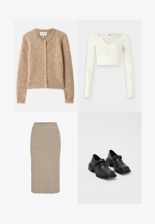 Bežový kardigán vyrobený z mäkkej, textúrovanej látky s okrúhlym výstrihom, gombíkovým zapínaním s malými perlami a rebrovaným lemom.; Pruhovaný crop top z off-white pleteniny. Dlhé rukávy s rebrovanou textúrou a malými výrezmi okolo výstrihu.; Pletená ceruzková sukňa v svetlej béžovej farbe, s rebrovanou textúrou, vysokým pasom a obtiahnutým strihom. Lemuje sa pod kolenami.; Čierne kožené topánky s okrúhlou špičkou, plochou podrážkou a remienkom s detailom pracky. Hrubý blokový opätok pre väčšiu stabilitu.