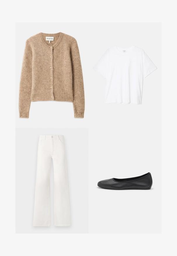 Bež kardigan od mekog, teksturiranog materijala s okruglim izrezom, zatvaranjem na gumb s malim bisernim detaljima i rebrastim rubom.; Bijela pamučna majica s kratkim rukavima, okruglim izrezom, opuštenim krojem i šivenim rubom. Etiketa je vidljiva na unutarnjoj strani vrata.; Bijele, visokotalasne široke traperice. Imaju kopčanje na dugme, dva prednja džepa i bočne šavove s detaljima šivanja.; Crne kožne baletanke s zaobljenim vrhom, glatke teksture, minimalnim detaljima šavova i fleksibilnim dizajnom potplata.