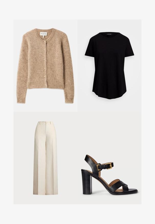 Beige cardigan made of soft, textured fabric with a round neckline, button closure featuring small pearl accents, and ribbed hem.; Black short-sleeve t-shirt made of soft fabric, featuring a round neckline and a relaxed fit with a slightly curved hemline.; Beige wide-leg trousers made of lightweight fabric. Features a high waist, button closure, and two front pockets with a clean finish.; Black leather heeled sandals with a cross-over strap design and a buckle closure. Features a chunky heel and smooth texture.