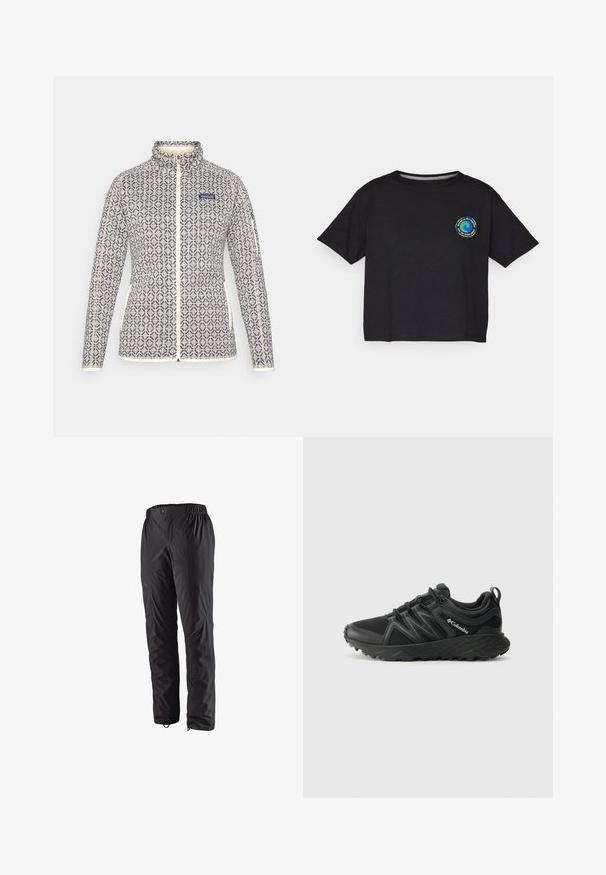 Naiste tõmblukkudega jakk kreemi- ja tumesinise geomeetrilise mustriga. Omab kõrget krae, küljetaskuid ja kontrastset äärist koos logo jaotisega.; Must musta lühikeste varrukatega T-särk, millel on rinnal ringikujuline mitmevärviline logo. Otse lõpp ja mugav lõige.; Mustavad veekindlad püksid elastse vöökoha, külgmiste tõmblukkude, kitsenevate säärejate ja sileda tekstuuriga. Sobivad välistingimustes tegevuseks.; Columbia PEAKFREAK - Matkajalatsid - black