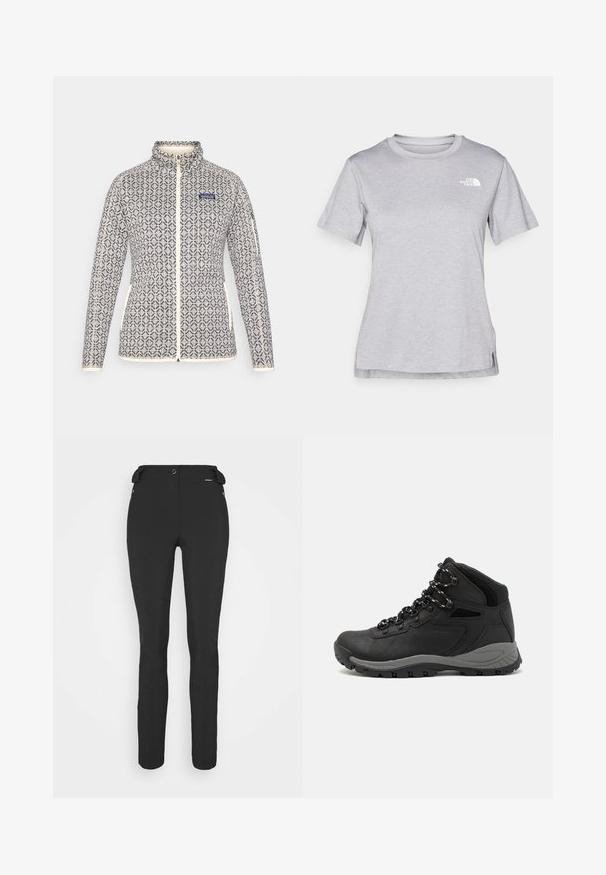 Moteriška užtraukiama striukė kreminės ir tamsiai mėlynos geometrinės raštos. Yra aukšta apykaklė, šoninės kišenės ir kontrastingi apvadai su logotipu.; Pilkas trumpomis rankovėmis marškinėliai, pagaminti iš minkštos, drėgmę sugeriančios medžiagos. Turi apvalią iškirptę ir mažą baltą logotipą viršutiniame kairiajame kampe.; Juodos, prigludusios kelnės, pagamintos iš lankstaus medžiagos. Ypatybės: šoninis kišenės užtrauktuku, suformuotos kelių sritys ir lygi tekstūra.; Juodas žygio botas su vidutinio aukščio dizainu, pasižymintis tekstūruota viršutine dalimi, pilkų akcentų ir patvaria guma padanga su sukibimo gumbais.