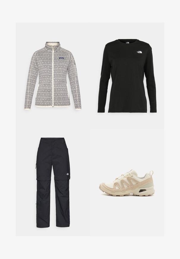 Moteriška užtraukiama striukė kreminės ir tamsiai mėlynos geometrinės raštos. Yra aukšta apykaklė, šoninės kišenės ir kontrastingi apvadai su logotipu.; Juodas ilgomis rankovėmis medvilninis marškinėliai su apvali apykakle. Savybė - mažas baltas logotipas kairėje krūtinės pusėje. Paprastas dizainas ir pritaikymas.; Juodos nailoninės krovinių kelnės su reguliuojamais rankovėmis, daugybe kišenių ir logo ant dešinės kojos. Lygi, lengva tekstūra.; Bežinės ir kreminės spalvos sportinės bateliai su tekstūruoto tinklelio viršutine dalimi, palaikančiomis detalėmis ir guminiais padais, turinčiais raštą, užtikrinantį sukibimą.