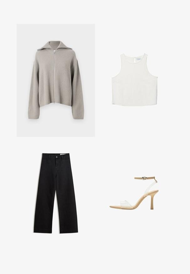 Jasnoszara sweter zapinany na zamek z rozłożonym kołnierzem i opadającymi ramionami. Posiada teksturowany materiał i skrócony krój.; Biała bezrękawnik z okrągłym dekoltem, z delikatną teksturą, z tylnym wycięciem w kształcie klucza oraz prostym wykończeniem dołu.; Czarne dżinsowe spodnie o szerokich nogawkach i wysokim stanie, z przednimi i tylnymi kieszeniami, przeszyciami oraz zapięciem na guziki. Gładka struktura.; Przezroczysta sandał z obcasem, z przezroczystą cholewką, beżową wkładką i smukłym paskiem w okolicy kostki. Posiada spiczasty czubek i cienki wysoki obcas.