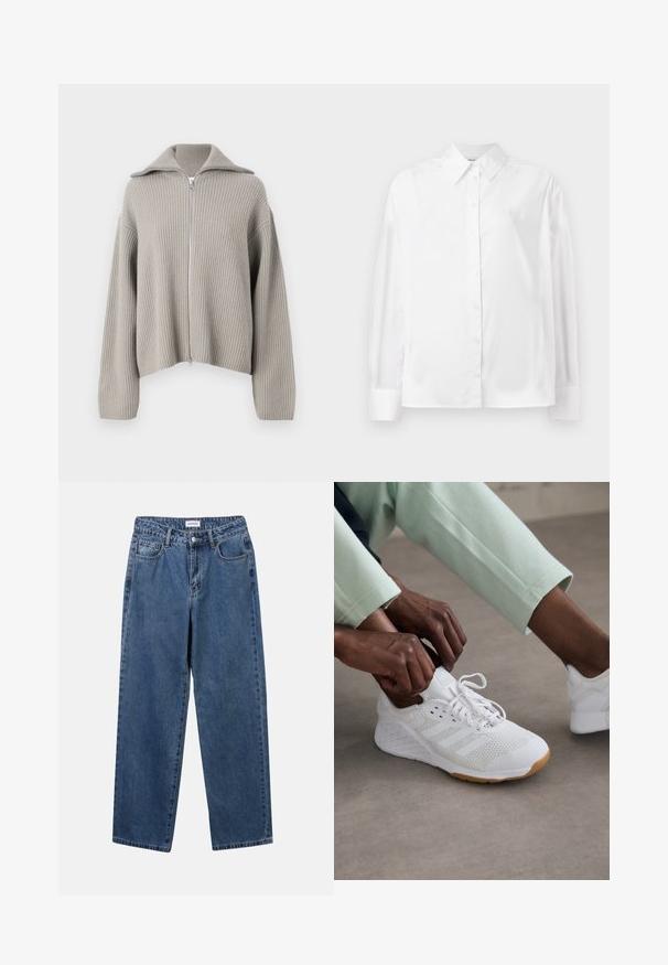 Maglione grigio chiaro a coste con zip, colletto aperto e spalle basse. Presenta un tessuto testurizzato e un design corto.; Camicia bianca a maniche lunghe con bottone in un morbido mix di cotone. Presenta un colletto classico, chiusura frontale con bottoni e polsini arrotondati.; Jeans in denim blu classico con design a gamba dritta, cinque tasche e chiusura con bottone. Presentano un lavaggio medio e una trama robusta.; Scarpa sportiva bianca con tomaia in rete, suola in gomma e design a tre strisce. I lacci vengono regolati; visibili abbigliamento grigio chiaro e verde menta.