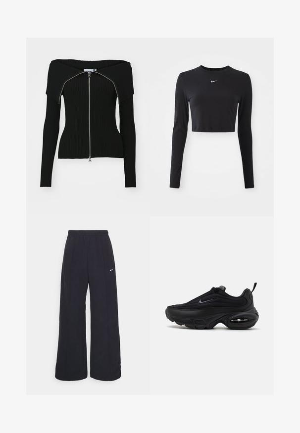 Weekday VANNA OFF SHOULDER ZIP CARDIGAN - Cardigan - black; Svart langermet cropped topp laget av glatt stoff, med rund hals og en hvit Nike-logo på brystet.; Svarte vide bukser med elastisk linning og en liten hvit Nike-logo. Stoffet har en glatt tekstur, designet for komfort og uformell bruk.; Svart atletisk sko med en jevn, teksturert overdel. Har rund tå, polstret krage og synlig luftputefor i sålen.