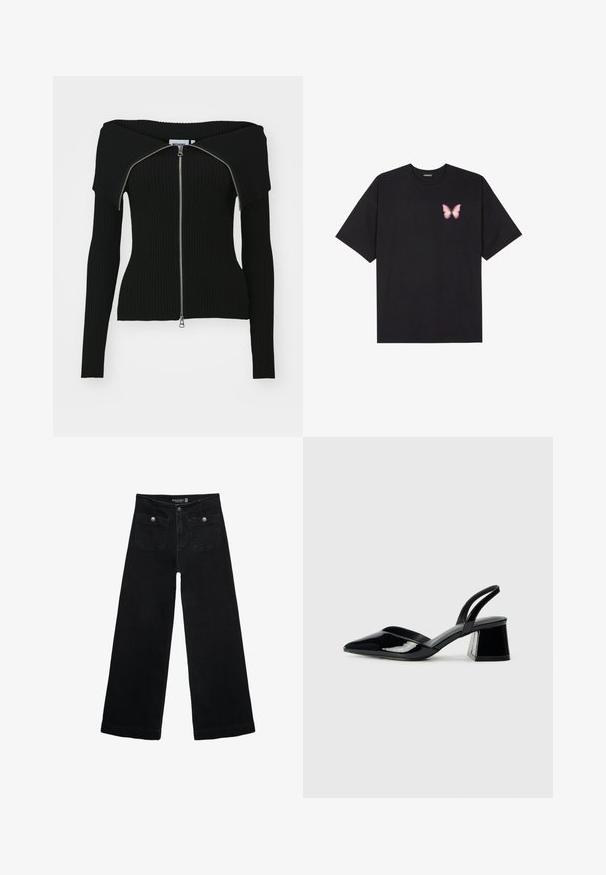 Weekday VANNA OFF SHOULDER ZIP CARDIGAN - Strickjacke - black; Schwarzes Baumwoll-T-Shirt mit kurzen Ärmeln, das ein kleines pinkes Schmetterlingsmotiv auf der linken Brust zeigt. Crewneck-Design mit einem entspannten Schnitt.; Schwarze, weit geschnittene Jeans mit hoher Taille, die zwei Fronttaschen und metallene Knopfakzente aufweist. Der Stoff hat eine glatte Textur.; Schwarze Lackleder-Slingback-High Heels mit spitzem Schuh und einem geometrischen Blockabsatz. Verfügt über ein schlankes, minimalistisches Design und eine glatte Textur.