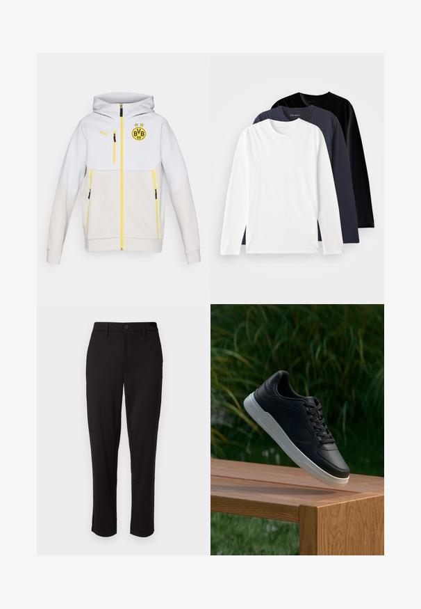 Veste à capuche blanche et gris clair, avec des zips jaunes, un logo sur la poitrine et des accents noirs sur les poches et les manches.; Trois t-shirts à manches longues empilés : un blanc, un bleu marine foncé et un noir. Fabriqués en coton lisse, présentant des encolures rondes et des fentes sur les côtés.; Pantalon noir en tissu léger, avec une coupe droite, fermeture à bouton à l'avant, passants de ceinture et poches latérales.; Baskets noires avec semelle blanche suspendues au-dessus d'un banc en bois, avec un feuillage vert en arrière-plan flou.