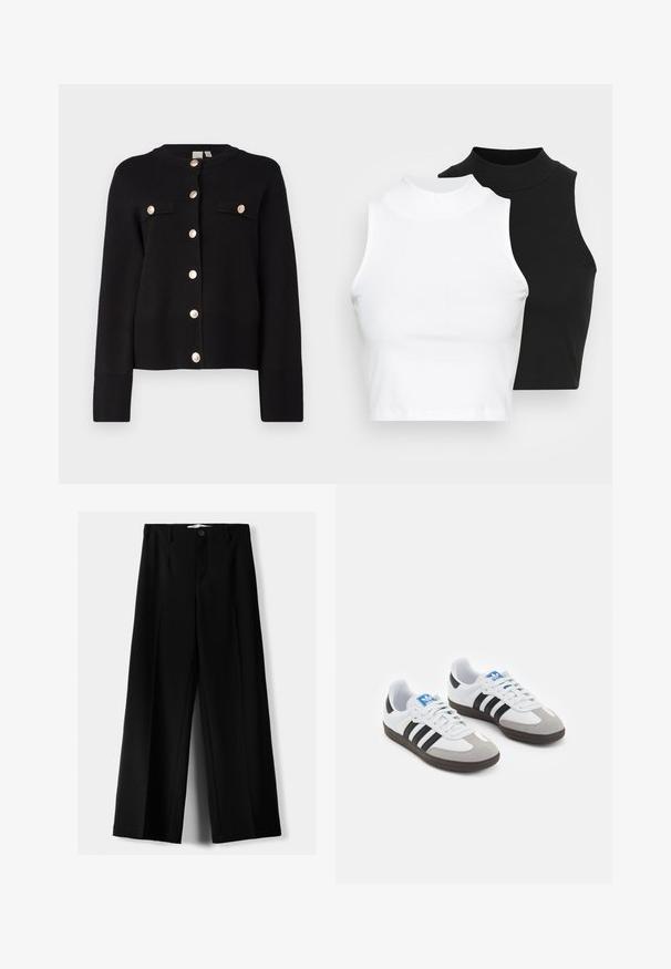YAS YASPIMI - Kardigan - black; Dvě bezrukávové halenky s ribovým stojáčkem v černé a bílé barvě, které mají přiléhavý střih a hladkou texturu, s krácenou délkou.; Černé široké kalhoty z lehkého materiálu s předním zapínáním na knoflík a hladkým předním dílem, s pečlivě přišitými lemy.; Sportovní boty s bílým koženým svrškem, šedou semišovou špičkou a třemi černými pruhy. Obsahují modré logo na jazyku a texturovanou gumovou podrážku.
