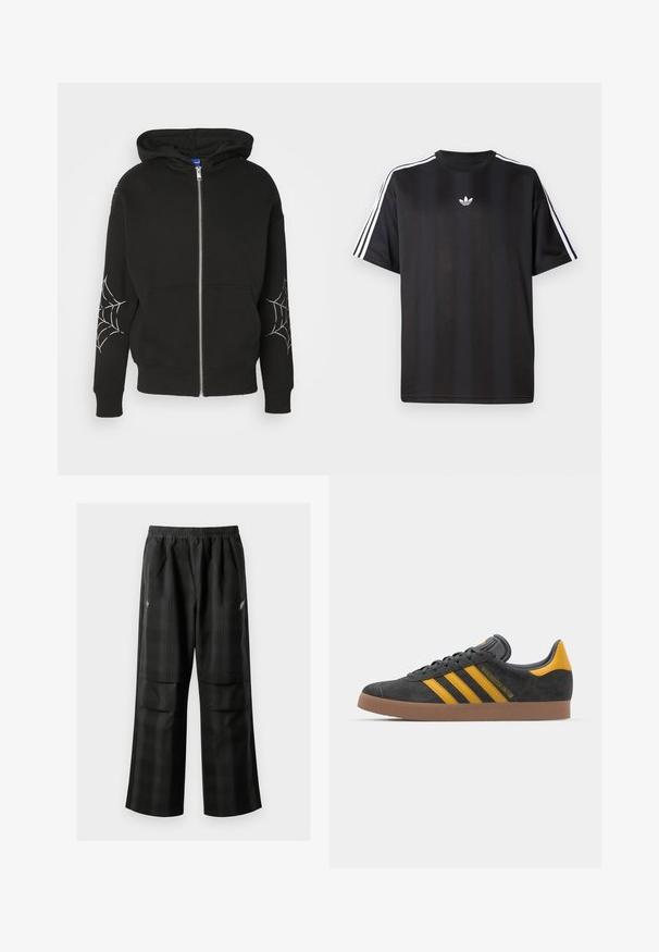 Schwarze Baumwollmischung-Hoodie mit Reißverschluss, der über Spinnennetzdruck auf beiden Ärmeln verfügt. Hat eine geräumige Kapuze und Fronttaschen.; Schwarzes T-Shirt mit kurzen Ärmeln und weißen drei Streifen an den Schultern sowie einem kleinen weißen Logo auf der Brust. Glatte Stofftextur.; Schwarze karierte Hosen mit elastischem Bund, zwei Fronttaschen und lockerer Passform im geraden Beinschnitt. Hergestellt aus leichtem Material.; Schwarze Wildledersneaker mit gelben Akzenten, ausgestattet mit drei Streifen und einer braunen Gummisohle. Enthält eine gepolsterte Zunge für zusätzlichen Komfort.