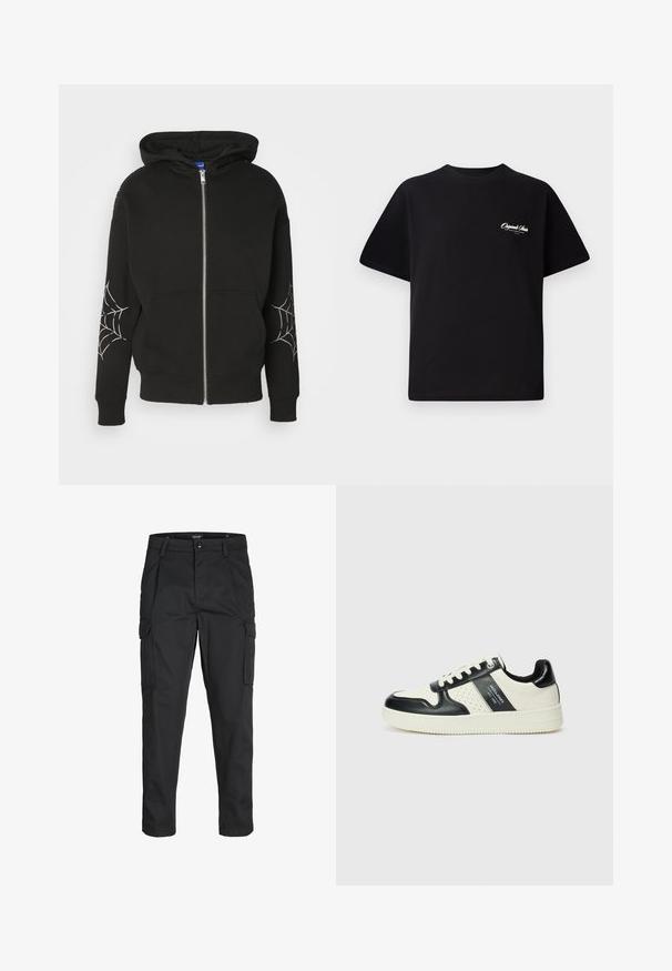Hoodie noir zippé en mélange de coton, avec des imprimés de toile d'araignée sur les deux manches. Dispose d'une capuche spacieuse et de poches avant.; T-shirt en coton noir avec col rond, manches courtes et petit texte logo blanc sur la poitrine gauche. Conception simple, coupe classique.; Pantalons cargo noirs en tissu résistant, dotés de plusieurs poches, d'une fermeture par bouton et d'une coupe slim avec des jambes fuselées.; Baskets en cuir avec un schéma de couleurs noir et crème, dotées d'accents perforés, d'un col rembourré et d'une semelle texturée.