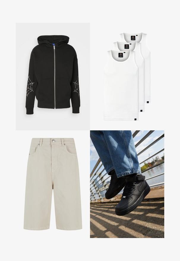 Hoodie noir zippé en mélange de coton, avec des imprimés de toile d'araignée sur les deux manches. Dispose d'une capuche spacieuse et de poches avant.; Trois débardeurs blancs côtelés en coton. Présentent un col rond et de petites étiquettes noires près de l'ourlet. Disponibles en plusieurs tailles.; Shorts en denim beige avec une coupe droite, une fermeture à bouton à l'avant et quatre poches. Le tissu a une texture lisse et un minimum de détails de couture.; Baskets Nike Air Force 1 noires avec tige en cuir, languette en maille et semelle en caoutchouc, dotées d'un design montante et de lacets épais.