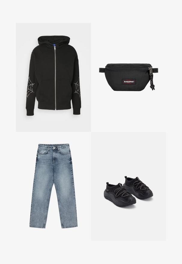 Černá mikina s kapucí na zip vyrobená z bavlněné směsi, s potiskem pavučin na obou rukávech. Má prostornou kapuci a přední kapsy.; Dvě bavlněné tílka, jedno bílé a jedno černé, každé s žebrovanou strukturou, kulatým výstřihem a malým červeným logem na lemu.; Světle modré džíny z denimu se střihom rovnými nohavicemi, viditelným šitím, designem s pěti kapsami a knoflíkovým zapínáním v pase.; Černé sportovní boty s texturovanou gumovou podrážkou, polstrovaným textilním svrškem, elastickými tkaničkami a poutky na patě pro snadné obouvání.; Černá ledvinka vyrobená z odolné tkaniny, s uzavíráním na zip, nastavovacími popruhy a červeným a černým logem na přední straně.