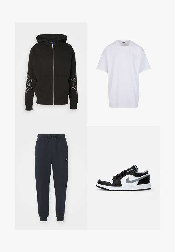 Black zip-up hoodie made of cotton blend, featuring spider web prints on both sleeves. Has a spacious hood and front pockets.; White cotton t-shirt with short sleeves, rounded neckline, relaxed fit, and no visible logos or patterns. Smooth texture and minimal design.; Black jogger pants made of soft fabric, featuring an elastic waistband with a drawstring, ribbed cuffs, and a small logo on the left thigh.; Jordan AIR JORDAN 1 LOW - Trainers - black/particle grey-white