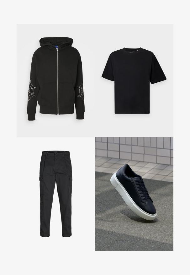 Melnā kapucēta jakā ar rāvējslēdzēju, izgatavota no kokvilnas maisījuma, ar zirneklīša tīkla druku uz abām piedurknēm. Tam ir plaša kapuce un priekšējās kabatas.; Melna īsām piedurknēm apģērbta augšdaļa ar apaļu kaklu un brīvu piegriezumu, izlikta uz baltā fona.; Melnas kravas bikses, izgatavotas no izturīga auduma, ar vairākiem kabatām, pogu aizdari un šaura piegriezuma dizainu ar sašaurinātiem kāju apakšiem.; Melnas ādas kedas ar noapaļotu pirkstu un baltu gumijas zoli. Iespējas - plakanas šņorītes un minimāla apdare augšdaļā. Struktūrēta zole, lai nodrošinātu saķeri.