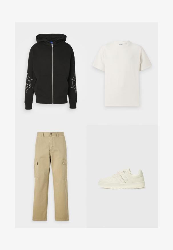 Mikla preta com fecho éclair, feita de uma mistura de algodão, com estampados de teias de aranha em ambas as mangas. Tem um capuz espaçoso e bolsos frontais.; T-shirt branco de manga curta em textura canelada. Gola redonda, ajuste descontraído, sem padrões ou detalhes visíveis. Design simples e versátil.; Calças cargo bege feitas de algodão, com dois bolsos laterais, fecho de botão e pernas retas com um tecido ligeiramente texturizado.; Sapatilha de cor creme com detalhes perfurados, atacadores e logotipo na lateral, apresentada contra um fundo branco liso.