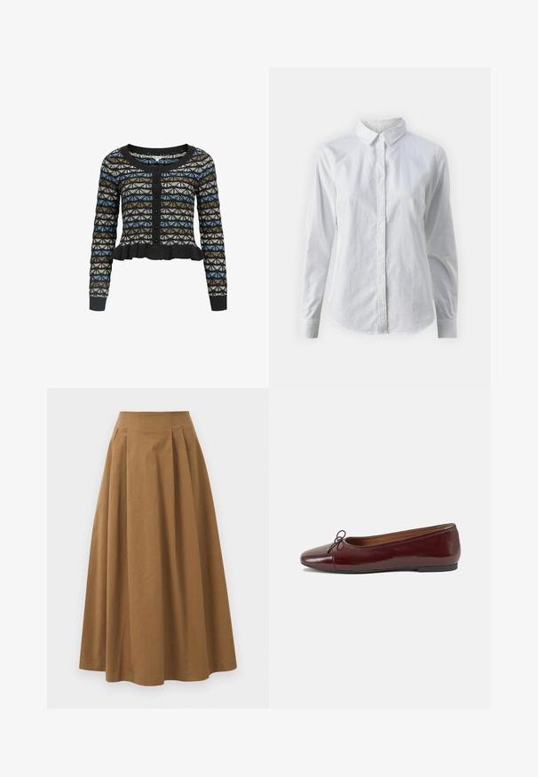 Un cardigan noir avec un motif géométrique en bleu, marron et blanc. Il a des manches longues, un col rond et un ourlet à volants.; Chemise blanche à manches longues en coton lisse, dotée d'un col classique et d'un ourlet arrondi. Les boutons sont petits et blancs.; Jupe A-line en coton brun avec taille haute, dotée de plis sur le devant et d'une texture lisse. Les finitions de l'ourlet sont nettes et simples.; Ballerines en cuir verni bordeaux avec un bout rond, un petit nœud décoratif à l'avant et une semelle en caoutchouc noire basse. Texture lisse.