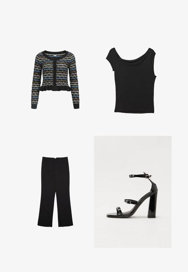 Sort cardigan med et geometrisk mønster i blå, brun og hvid. Den har lange ærmer, en rund halsudskæring og en Volangkant.; Sort kortærmet top lavet af glat stof; har en draperet halsudskæring og en asymmetrisk kant, med en tætsiddende pasform.; Sorte bukser med lige pasform, der har frontlommer og slidser i kanten. Lavet af blødt, glat stof. Velegnet til forskellige anledninger.; Sorte patenterede hælsandaler med firkantet tå, ankelremme og sølvspænder. Har en chunky blokHæl for stabilitet.