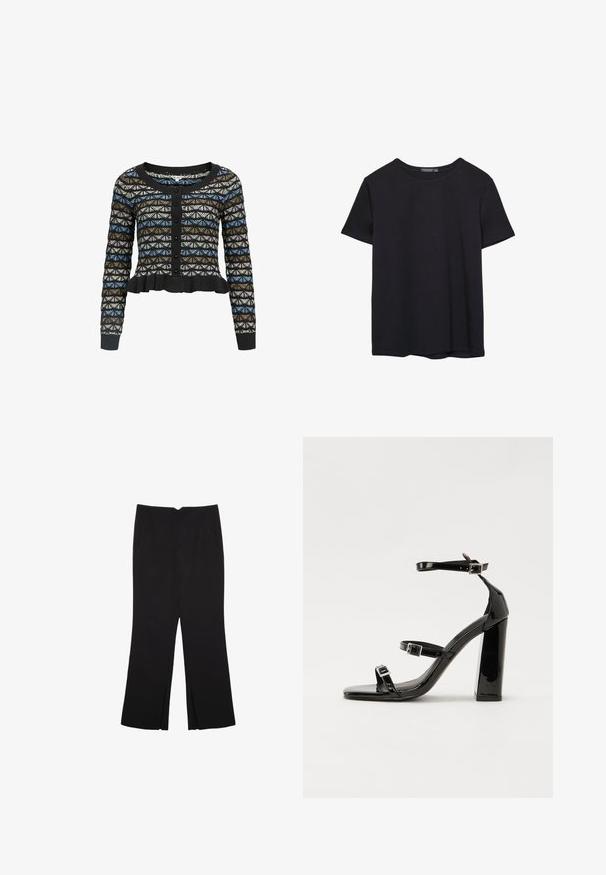 Sort cardigan med et geometrisk mønster i blå, brun og hvid. Den har lange ærmer, en rund halsudskæring og en Volangkant.; Simpel sort kortærmet bomulds T-shirt med rund hals, præsenteret på en hvid baggrund.; Sorte bukser med lige pasform, der har frontlommer og slidser i kanten. Lavet af blødt, glat stof. Velegnet til forskellige anledninger.; Sorte laklædersandaler med høje hæle, to spænderemme, firkantet tå og en kraftig blokhæl, der har en glat, blank overflade.