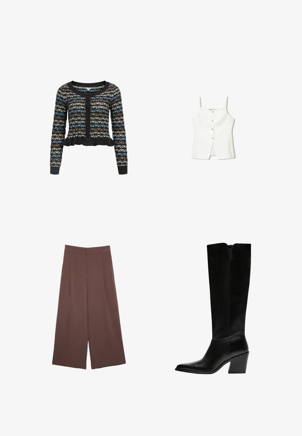 Sort cardigan med et geometrisk mønster i blå, brun og hvid. Den har lange ærmer, en rund halsudskæring og en Volangkant.; Hvid ærmeløs top med knaplukning foran, sidelommer og et tætsiddende design med en let udvidet kant. Glat tekstur, minimal dekoration.; Brune bredbunde bukser med en glat tekstur, der har høj talje og plisseringer foran. Stoffet er let og falder løst.; Sorte knæhøje støvler lavet af glat læder, med spids tå, blokhæl og en V-formet udskæring foroven.