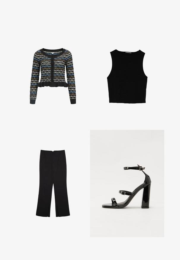 Sort cardigan med et geometrisk mønster i blå, brun og hvid. Den har lange ærmer, en rund halsudskæring og en Volangkant.; Sort ærmeløs crop top lavet af glat stof, med rund hals og et rent, enkelt design uden mønstre eller hardware.; Sorte bukser med lige pasform, der har frontlommer og slidser i kanten. Lavet af blødt, glat stof. Velegnet til forskellige anledninger.; Sorte patenterede hælsandaler med firkantet tå, ankelremme og sølvspænder. Har en chunky blokHæl for stabilitet.