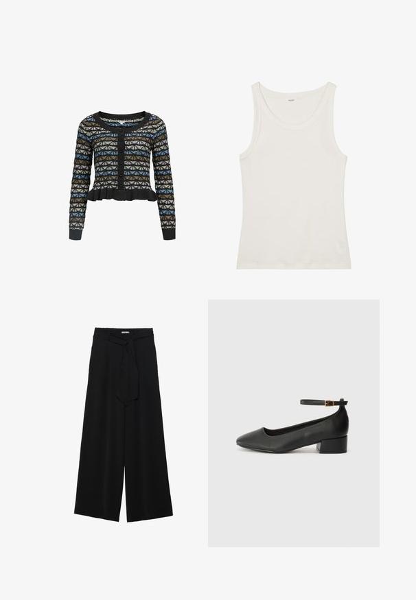Schwarze Strickjacke mit einem geometrischen Muster in Blau, Braun und Weiß. Sie hat lange Ärmel, einen runden Ausschnitt und einen gerafften Saum.; Weißes Baumwolltanktop mit weitem Ausschnitt und dünnen Schulterträgern. Glatte Textur ohne sichtbare Muster oder Verzierungen.; Schwarze weite Hosen aus strukturiertem Stoff, mit elastischem Bund und einem abnehmbaren Bindegürtel in der Taille für eine verstellbare Passform.; Schwarze Lederpumps mit spitzem Zehenbereich und niedrigem Blockabsatz. Mit einem Knöchelriemen und einer goldfarbenen Schnalle. Glatte Textur.