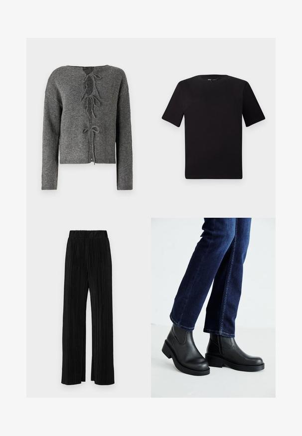 Szürke kötött pulóver hosszú ujjakkal, kerek nyakkivágással és nyitott háttal, amely zsinóros díszítéssel rendelkezik. Puha tapintású, cropped fazonú.; Fekete, rövid ujjú póló, kerek nyakkal, puha pamutból készült. Egyszerű dizájn, nincs látható logó vagy minta.; Fekete pliszírozott nadrág gumis derekkal. Széles lábakkal rendelkezik, sima, texturált anyagból készült, függőleges csíkokkal.; Fekete bőr bokacsizma vastag talppal és oldalán elnyújtott elasztikus betétekkel, sötétkék farmerral párosítva. A talaj világos színű.
