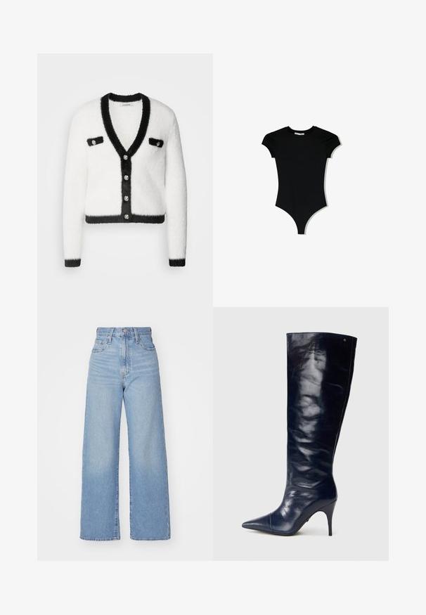 Morgan Cardigan - off white/noir; Body negru cu maneci scurte, guler rotund și decupaje înalte pe picioare, fabricat dintr-un material neted și elastic.; Jeans cu talie înaltă, de culoare albastru deschis, cu croială largă, dotate cu nasture și fermoar la față, buzunare în față și spate, pe un fundal alb.; Botine din piele navy, cu cu spatele la genunchi, finisaj lucios, vârf ascuțit, toc stiletto subțire, design fără cusături, prezintă un accent subtil de aur.