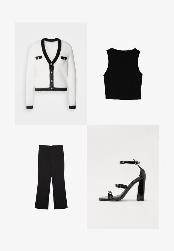 Morgan - Kardigan; Czarny bezrękawnik crop top z gładkiego materiału, z okrągłym dekoltem i czystym, prostym wzornictwem, bez wzorów czy metalowych elementów.; Czarne spodnie o prostym kroju, z przednimi kieszeniami i bocznymi rozcięciami na dole. Wykonane z miękkiego, gładkiego materiału. Odpowiednie na różne okazje.; Czarne lakierowane sandały na obcasie z kwadratowym noskiem, z paskami wokół kostki i srebrnymi klamrami. Posiadają masywny słupek dla stabilności.