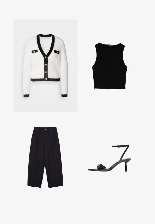 Morgan Jopica - off white/noir; Črn brez rokavov crop top, izdelan iz gladkega materiala, z okroglim izrezom in čistim, preprostim dizajnom brez vzorcev ali dodatkov.; Črne poliesterske culotte hlače z elastičnim pasom, dvema sprednjima nabiranjema in ohlapnim krojem. Brez vidnih vzorcev ali kovinskih detajlov.; Bershka Sandali z visoko peto - black