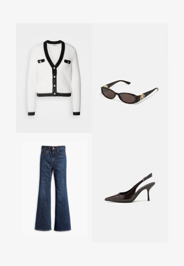 Morgan Kardiganas - off white/noir; Juoda ilga rankovė marškiniai, pagaminti iš medvilnės mišinio, su apvaliu iškirpimu ir prigludusia forma, be matomų raštų ar grafikų.; Aukštos juosmens tamsiai mėlyni džinsai su pločio kojomis, priekinis mygtukas ir užtrauktukas, bei penkių kišenių dizainas.; Blizganti tamsiai ruda lakinės odos aukšto kulno bateliai, smailus nosis, atviros šoninės dalys ir reguliuojamas kulkšnies dirželis.; Tortoise kiaurinių saulės akinių su pailgomis ovalo formos lęšiais, rudos spalvos atspalviu, auksinėmis logotipo detalėmis ant šakelių ir elegantiškais juodais rankenėlėmis.