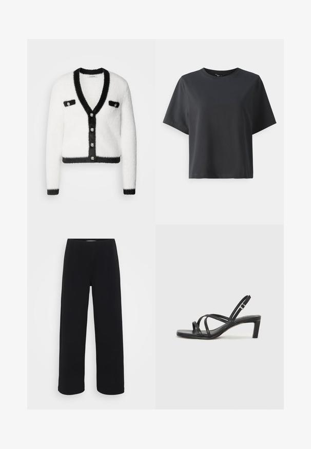 Morgan Ζακέτα - off white/noir; Μαύρη βαμβακερή μπλούζα, κοντά μανίκια, στρογγυλή λαιμόκοψη, χαλαρή εφαρμογή, λεία υφή, απλός σχεδιασμός, χωρίς μοτίβα ή διακοσμητικά.; Μαύρο παντελόνι με φαρδιά ποδιά και ελαστική μέση. Κατασκευασμένο από υλικό με υφή, με χαλαρή εφαρμογή και ίσια γραμμή από τους γοφούς μέχρι το στρίφωμα.; Μαύρη σανδάλι με λουράκια και τετράγωνη μύτη, καθώς και χαμηλό μπλοκ τακούνι. Διαθέτει πολλαπλά λεπτά λουράκια και ρυθμιζόμενο λουράκι στον αστράγαλο. Κατασκευασμένο από λείο δέρμα.