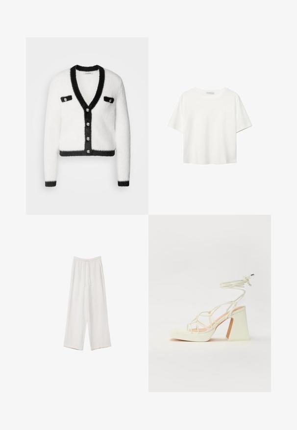 Morgan Kardigan - off white/noir; Bílý krátký rukáv tričko vyrobené z bavlny. Má kulatý výstřih a volný střih. Hladký materiál bez viditelných vzorů nebo akcentů.; Bílé široké kalhoty vyrobené z lehké tkaniny. Mají elastický pas se šňůrkou a boční kapsy. Hladká textura.; Bílé sandály na vysokém podpatku s robustním podpatkem, s designem s pásky a zavazováním kolem kotníku. Hladký povrch s platformou vpředu pro zvýšení výšky.