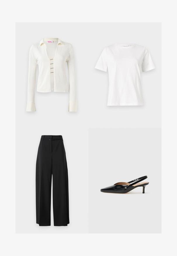 Cardigan a maniche lunghe color crema con scollatura a V, tre chiusure decorative frontali e polsini con dettaglio a fessura.; T-shirt bianca in cotone con maniche corte, scollatura rotonda e vestibilità rilassata. Struttura liscia, senza motivi né accenti, design minimalista.; Pantaloni larghi neri con vita alta e cintura. Presentano una texture liscia e linee pulite, progettati per un fit rilassato.; Décolleté slingback in vernice nera con punta affilata, tacco basso e design con aperture sul vamp. Accento in hardware color oro sul lato.
