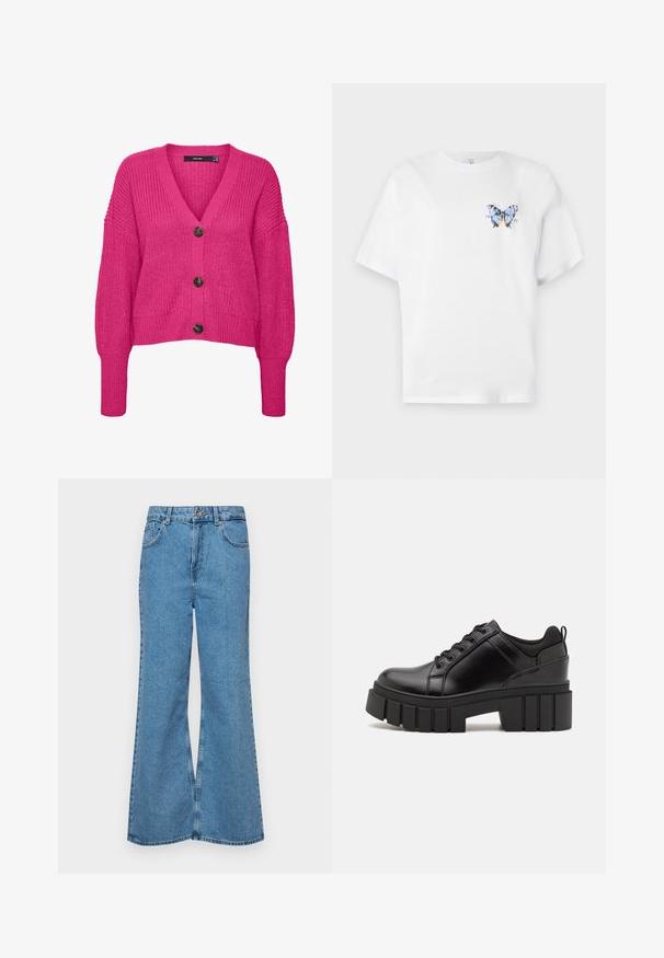 Vero Moda VMLEA V NECK CUFF - Kardigán - pink yarrow; Biela bavlnená tričko s farebnou potlačou motýľa na ľavej hrudi. Krátke rukávy a uvoľnený strih.; Svetlomodré rozšírené džínsy vyrobené z denimu, s vysokým pásom, piatimi vreckami a jednopoložkovým zapínaním na gombík. Mäkká textúra s vyblednutým povrchom.; Čierne kožené platformy s masívnym blokovým podpätkom, okrúhlou špičkou a tradičným šnurovaním. Má hladký povrch a minimálne detaily.