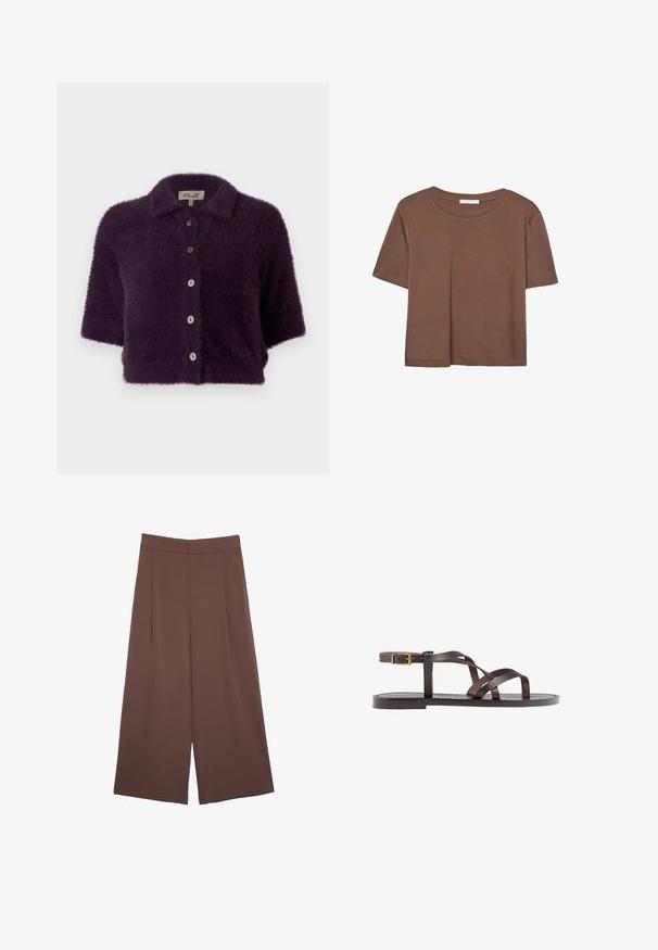 Fioletowy, puszysty sweter z krótkim rękawem, z przodu zapinany na guziki oraz z kołnierzykiem. Posiada drewniane guziki i miękką teksturę.; Brązowa koszulka z krótkim rękawem, wykonana z miękkiego materiału, z okrągłym dekoltem i luźnym krojem. Brak widocznych wzorów lub akcentów.; Brązowe spodnie o szerokich nogawkach z gładką fakturą, z wysokim stanem i plisami z przodu. Materiał jest lekki i luźno opada.; Brązowe skórzane sandały z krzyżującymi się paskami, zapięciem na klamrę przy kostce oraz płaską podeszwą z minimalnymi detalami szycia.