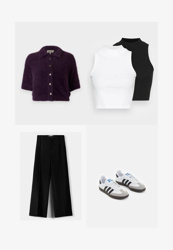 Vijoličast, puhast pulover s kratkimi rokavi in gumbi spredaj ter ovratnikom. Ima lesene gumbe in mehak občutek.; Dva brezrokavniki z rebrasto turtleneck gorami v črni in beli barvi, z oblikovanim dizajnom in gladko teksturo, v skrajšani dolžini.; Črne široke hlače iz lahkega materiala, z zapiranjem na gumb spredaj in ravnim sprednjim delom, s skrbno zašiti robovi.; Športni čevlji z belim usnjenim zgornjim delom, sivim semišem na prstih in tremi črnimi črtami. Imajo modro logo na jeziku in teksturiran gumijast podplat.