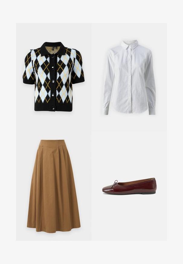 Cardigan scurt negru cu mânecă scurtă și guler, având un model în diamant în nuanțe de albastru deschis, negru și galben. Cinci butoane negre.; Cămașă albă cu nasturi, confecționată din bumbac neted, având un guler clasic, mâneci lungi și un tiv curbat. Nasturii sunt mici și albi.; Fustă A-line din bumbac maro, cu talie înaltă, având pliseuri pe față și o textură netedă. Marginile sunt finisate curat și simplu.; Balerini din piele patent burgund cu vârful rotund, accent de fundiță mică în față și talpă joasă din cauciuc negru. Textură netedă.