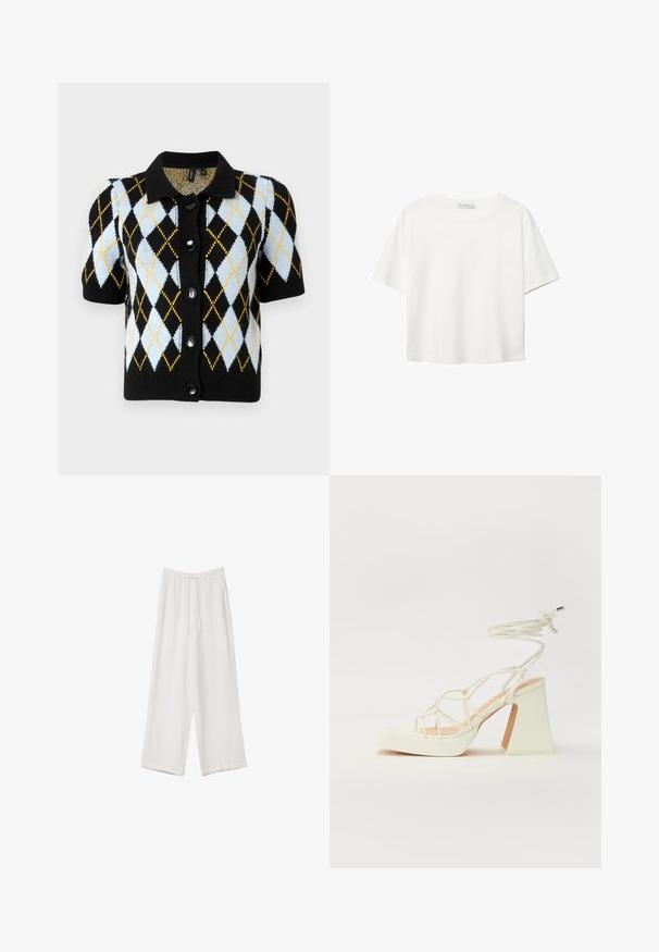 Cardigan nero a maniche corte con colletto, caratterizzato da un motivo a diamante in blu chiaro, nero e giallo. Cinque bottoni neri.; T-shirt bianco a maniche corte realizzato in cotone. Presenta un collo tondo e una vestibilità rilassata. Texture liscia senza motivi o dettagli visibili.; Pantaloni a gamba larga bianchi realizzati in un tessuto leggero. Presentano una vita elastica con cordoncino e tasche laterali. Texture liscia.; Sandalo bianco con tacco alto, caratterizzato da un design a cinturini e un legaccio alla caviglia. Texture liscia con una piattaforma frontale per un'altezza aggiuntiva.